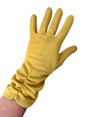 KAYSER Vintage Tea Gloves Mustard Yellow Kaysuede 50’s 60’s Ruched Gathered Sz 7
